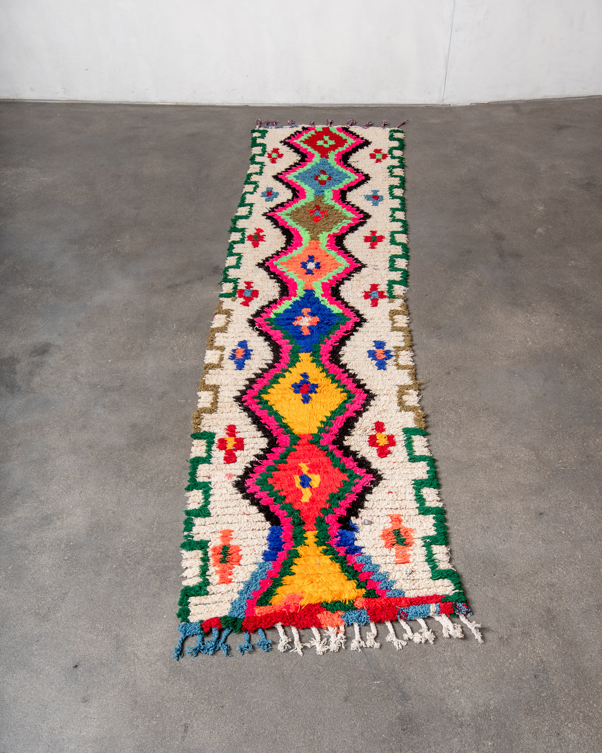 Modern, designer, handcrafted Berber runner rug from Morocco. Vintage carpet with beautiful colours and patterns and fluffy texture.